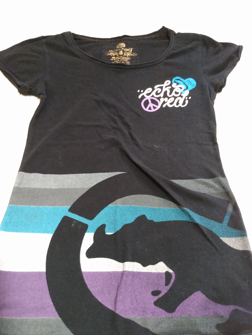 Ecko Unlimited Black Tee with Teal, Purple & Gray Rhino Graphic